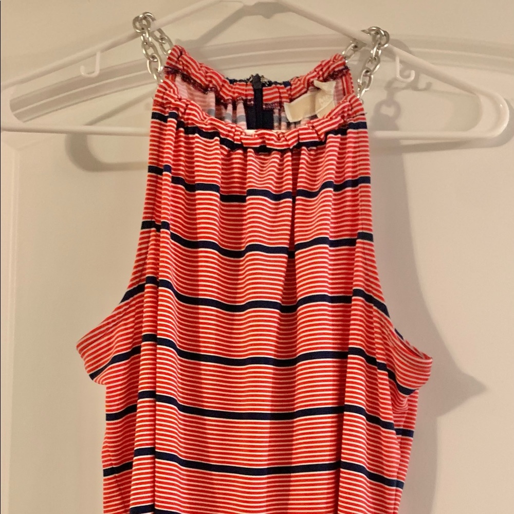 Red white and blue sleeveless with silver chain neckline